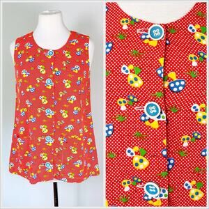 Vintage 60s / 70s Mushroom Novelty Print Tunic‎ Blouse Top Smock // Size Medium